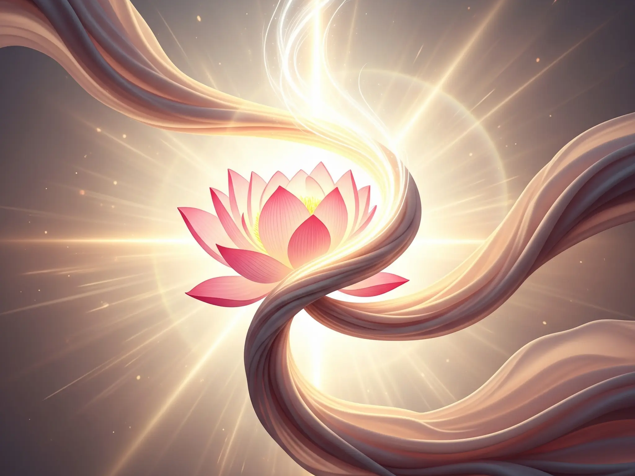 The soulful meaning of Radhika Vastra. Radiant pink lotus flower intertwined with graceful flowing fabric and light, representing the soulful blend of Radhika and Vastra.