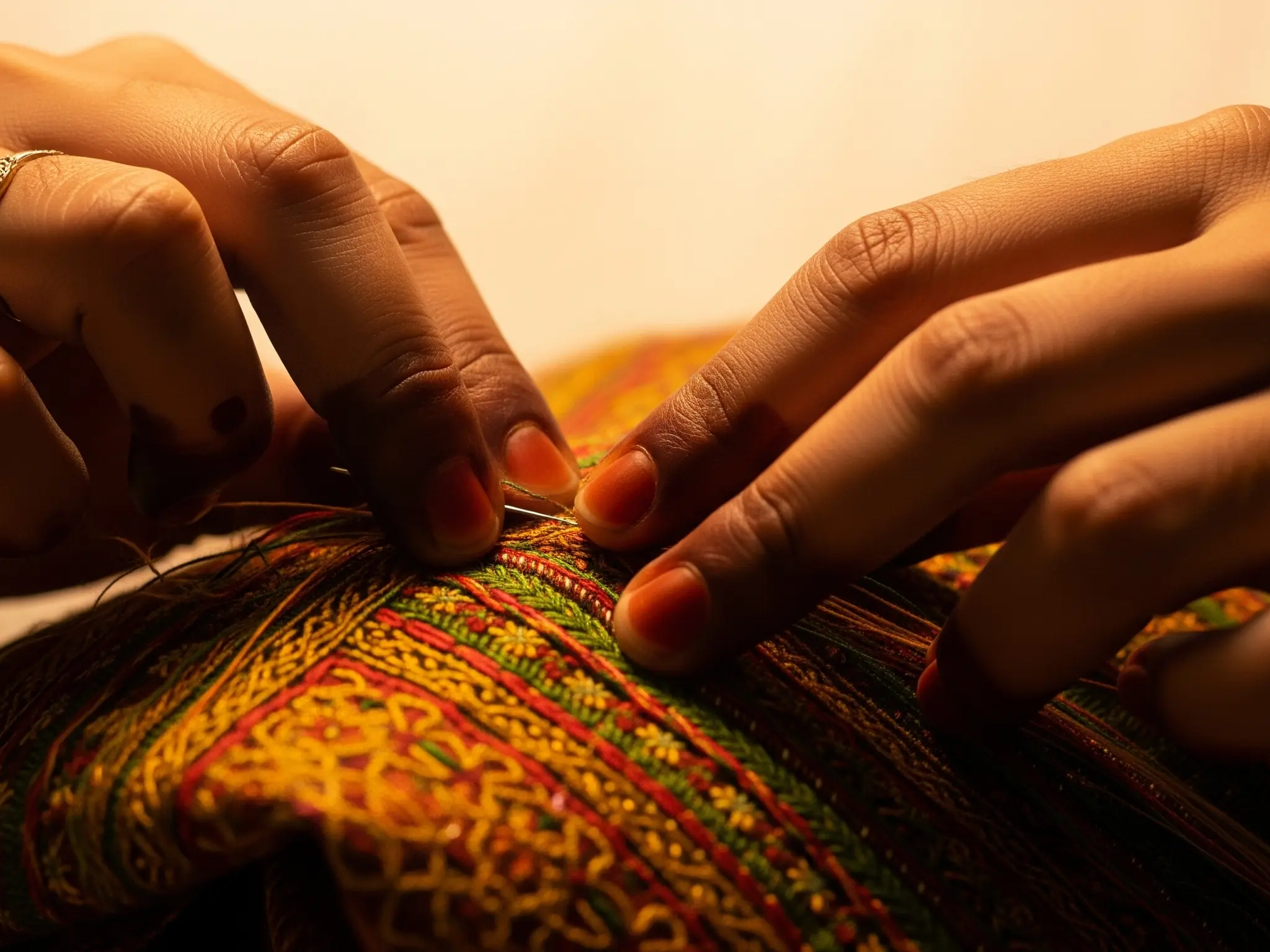 Where every thread tells a tale of craftsmanship. Skilled artisan hands meticulously embroidering intricate, vibrant patterns on traditional Indian fabric, showcasing Radhika Vastra's craftsmanship and vision.