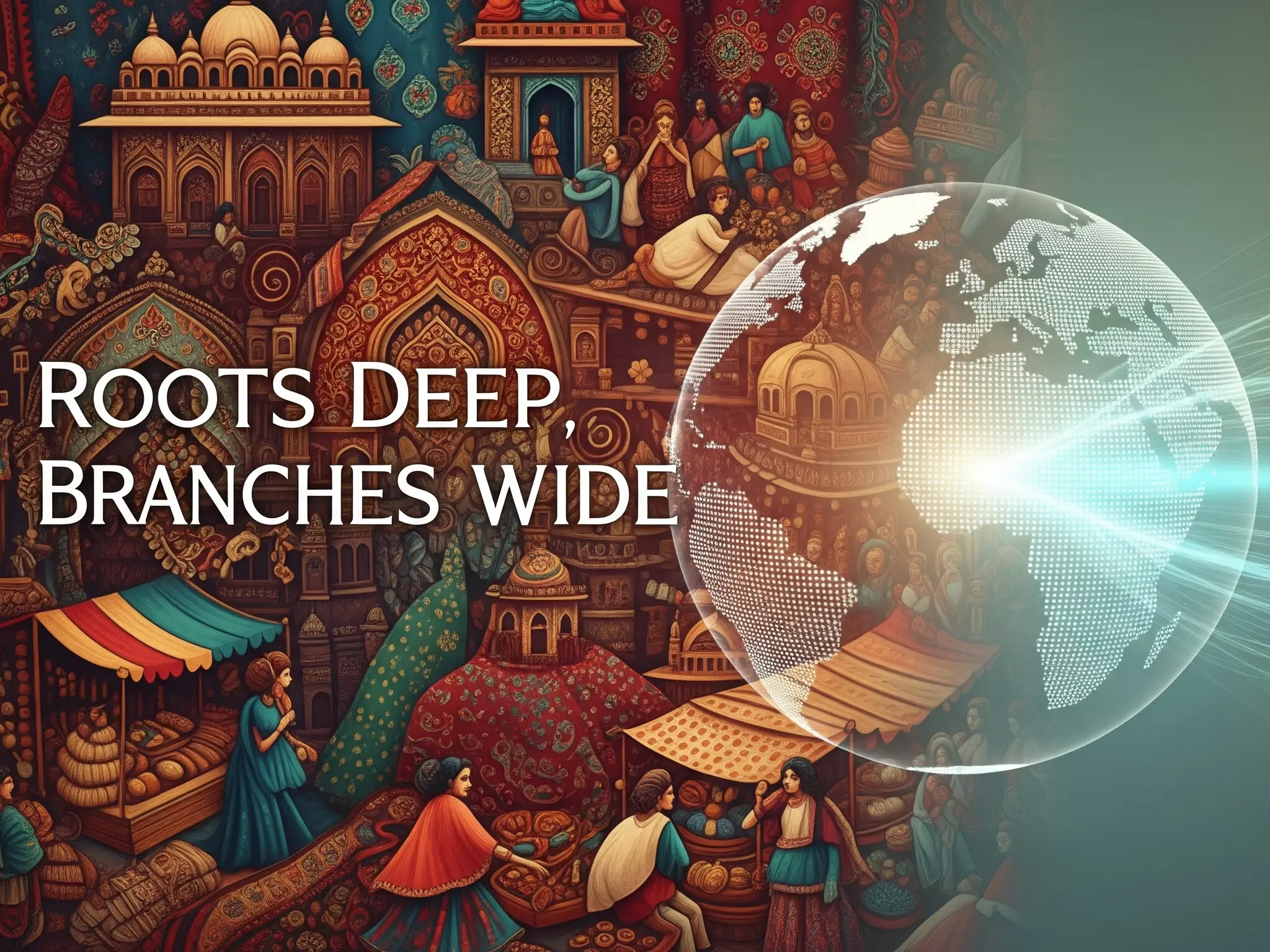 Radhika Vastra: Rooted in India, ready for the world. Artistic illustration blending a vibrant Indian traditional market scene with a glowing global map, symbolizing Radhika Vastra's deep cultural roots and wide global reach.