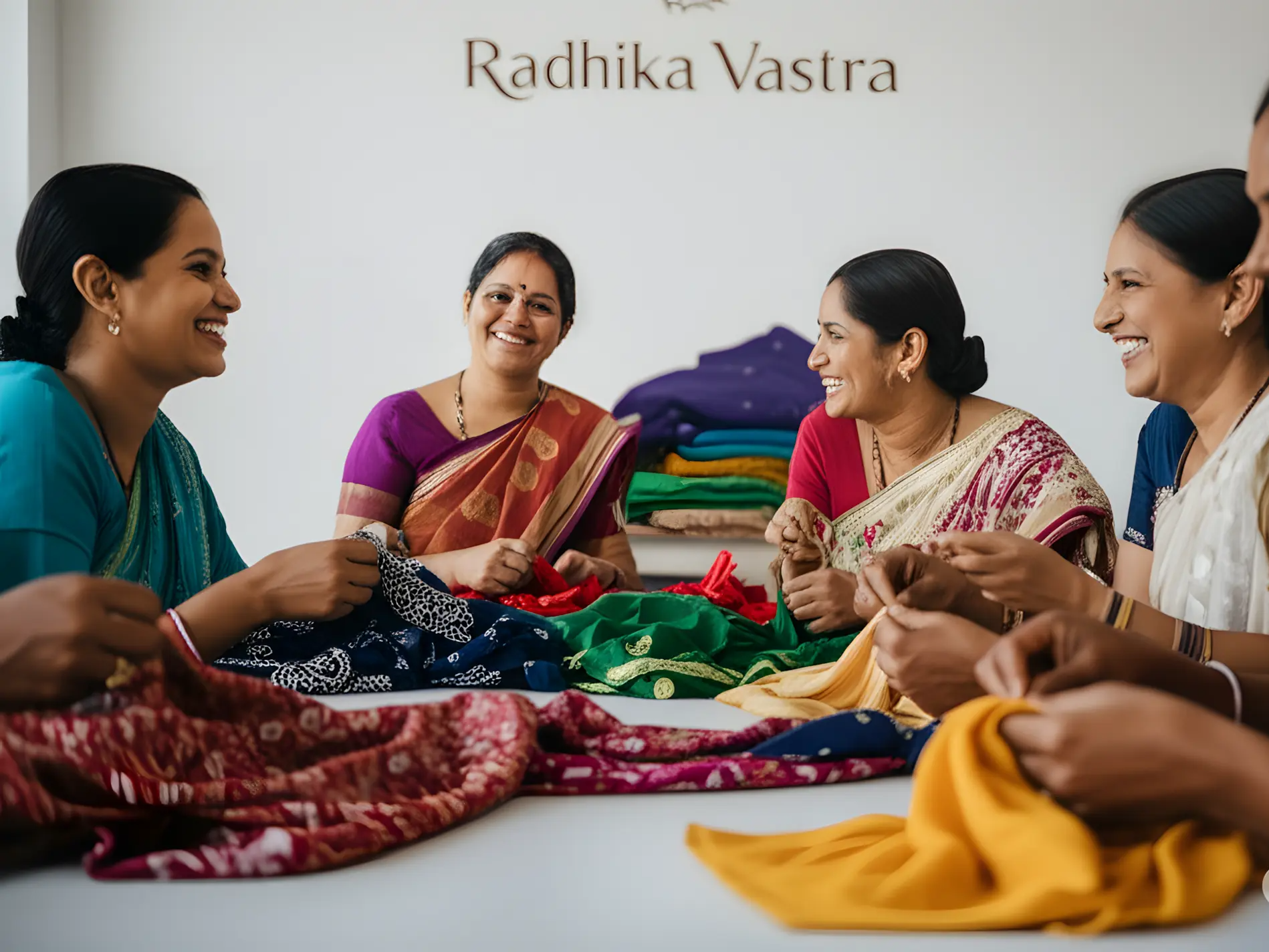 Our empowered women, weaving dreams and destiny. Joyful Indian women artisans smiling while meticulously working on traditional crafts, symbolizing Radhika Vastra's commitment to women empowerment and community upliftment.