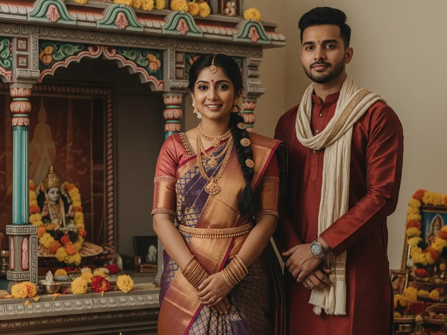 Discover our kaleidoscope of curated collections. Elegant Indian couple in richly adorned traditional attire, representing Radhika Vastra's diverse categories including Women's Wear and Men's Wear.
