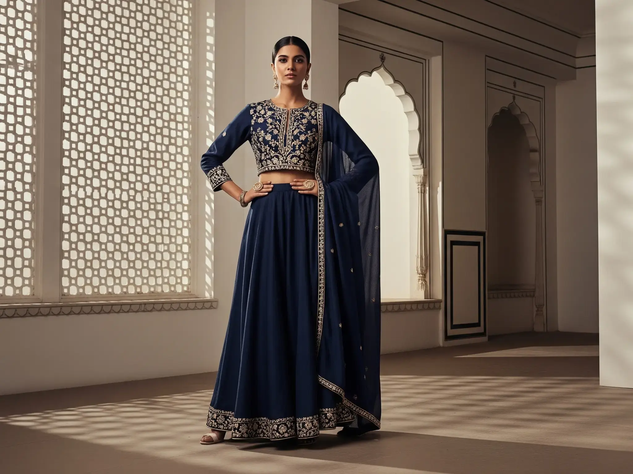 Where yesteryears embrace tomorrow's style. Confident Indian woman gracefully posing in a stunning fusion wear outfit, symbolizing Radhika Vastra's blend of ancient tradition and modern trends.