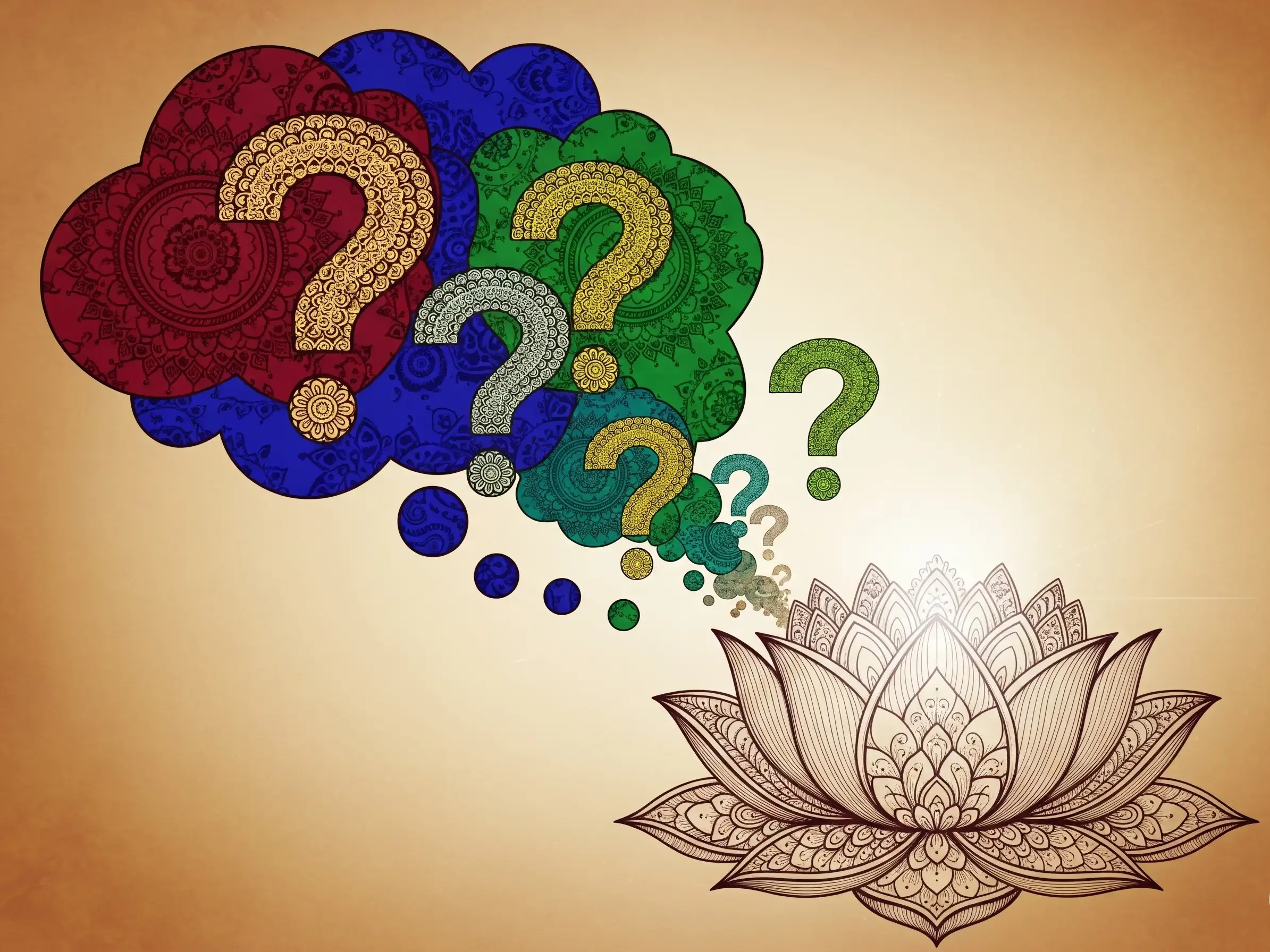 Echoes of your questions, answered. Abstract graphic of colorful question marks flowing into a lotus flower, symbolizing clarity and answers provided in Radhika Vastra's FAQ section.