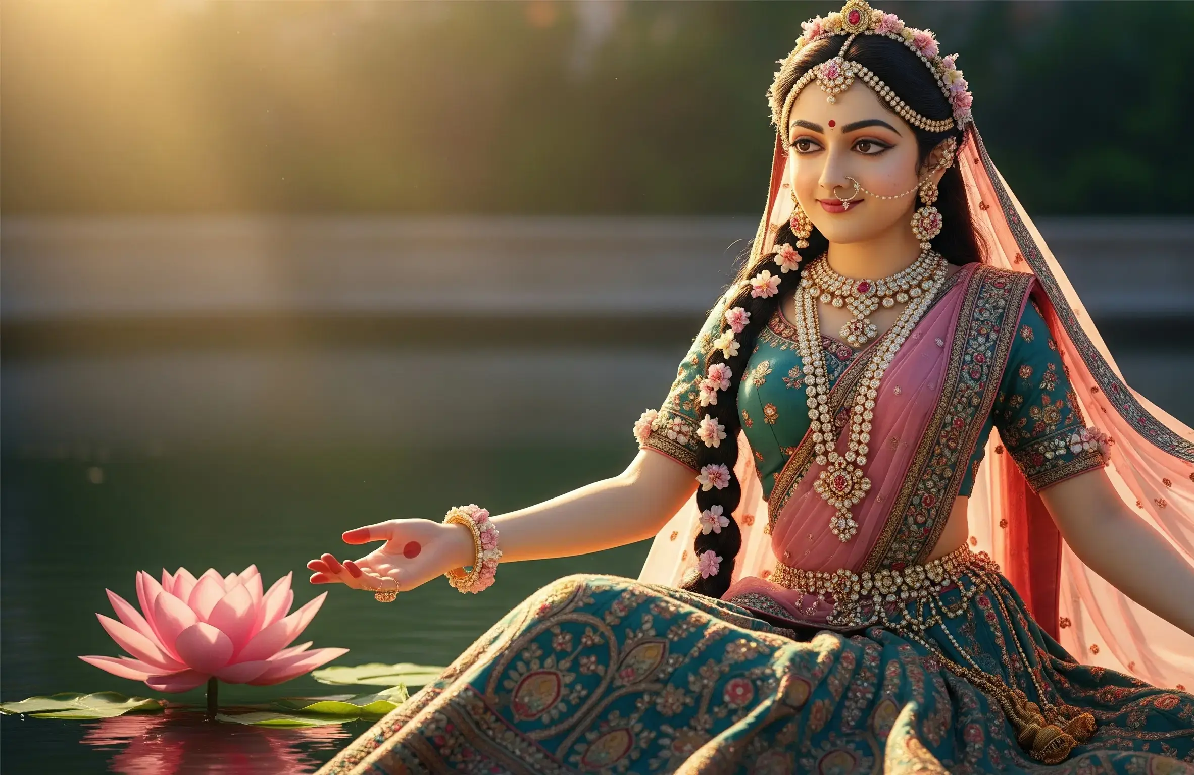 The story continues with you. Graceful figure walking confidently forward in elegant traditional attire, symbolizing the continuous journey and future of Radhika Vastra's story with you.