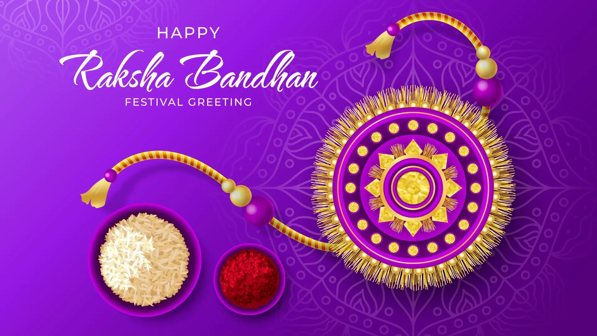 Happy Raksha Bandhan festival greeting with a vibrant purple and gold Rakhi, traditional roli, and chawal, symbolizing the sacred sibling bond.