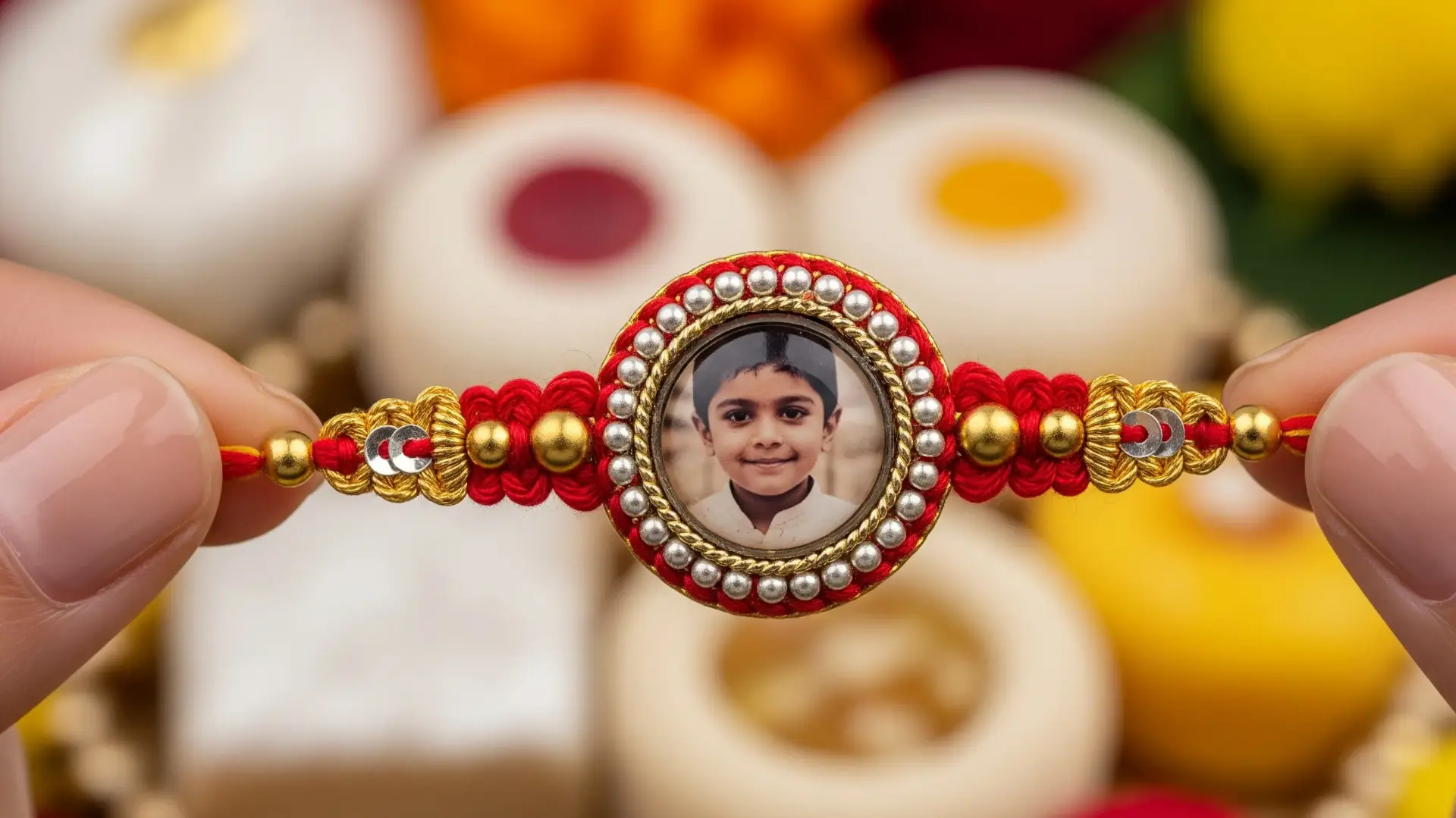 Hands holding a vibrant red and gold personalized Rakhi featuring a small photo frame with a child's smiling face, surrounded by traditional Indian sweets. Perfect for a unique and heartfelt Raksha Bandhan gift.