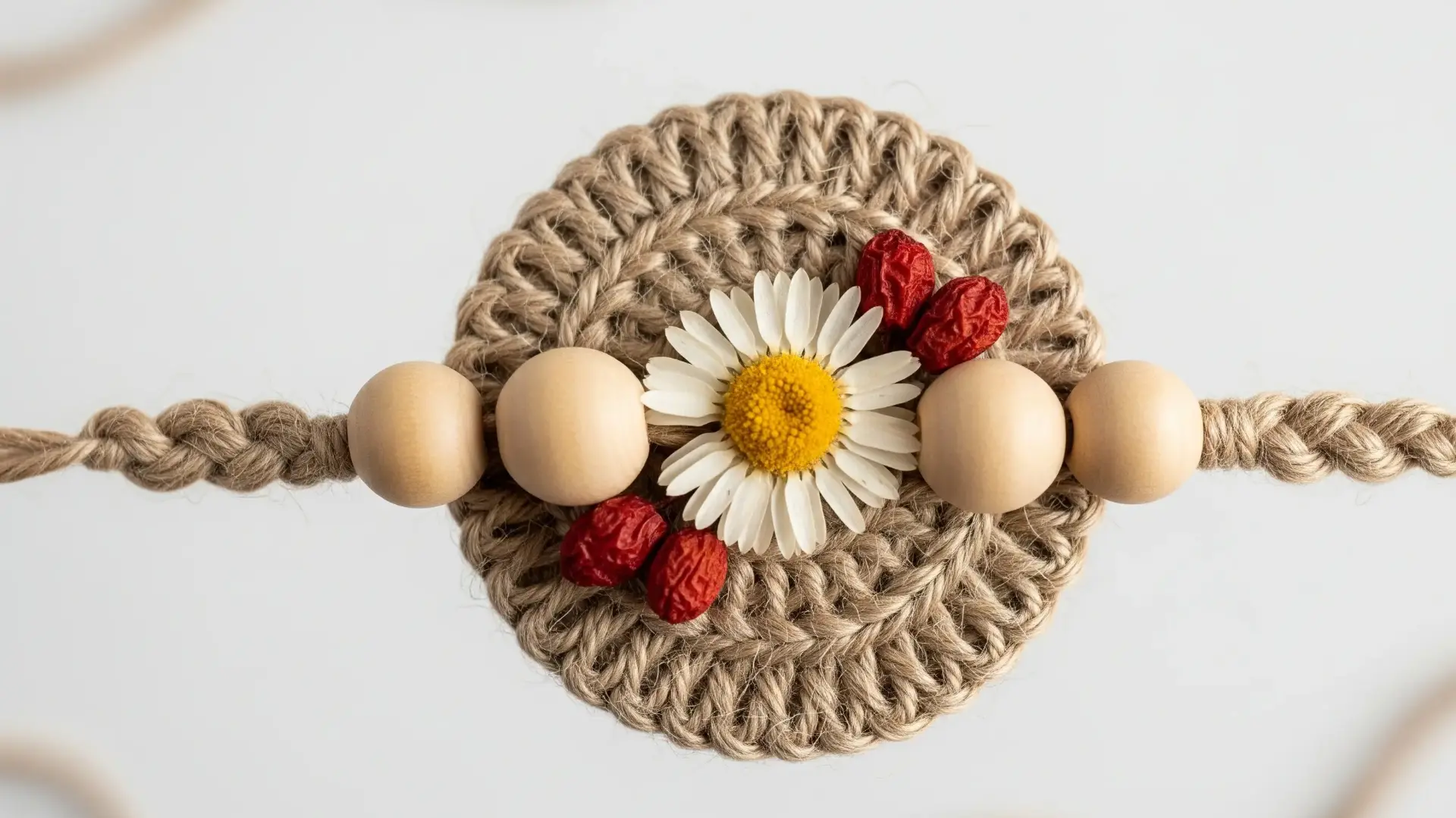 A charming eco-friendly Rakhi crafted from natural jute fibers with a crochet base, adorned with a white daisy flower and wooden beads, representing sustainable and handcrafted Rakhi options.