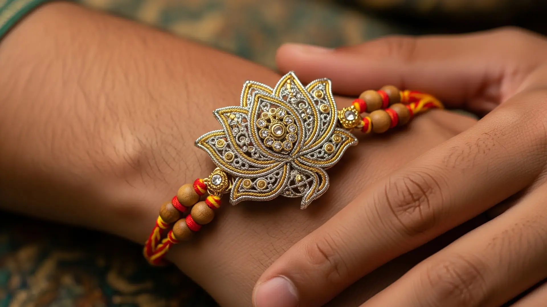 A close-up of a man's hand wearing a beautiful lotus motif bracelet Rakhi with gold and silver details, symbolizing a lasting bond and modern style. Ideal for brothers who appreciate wearable Rakhi designs.
