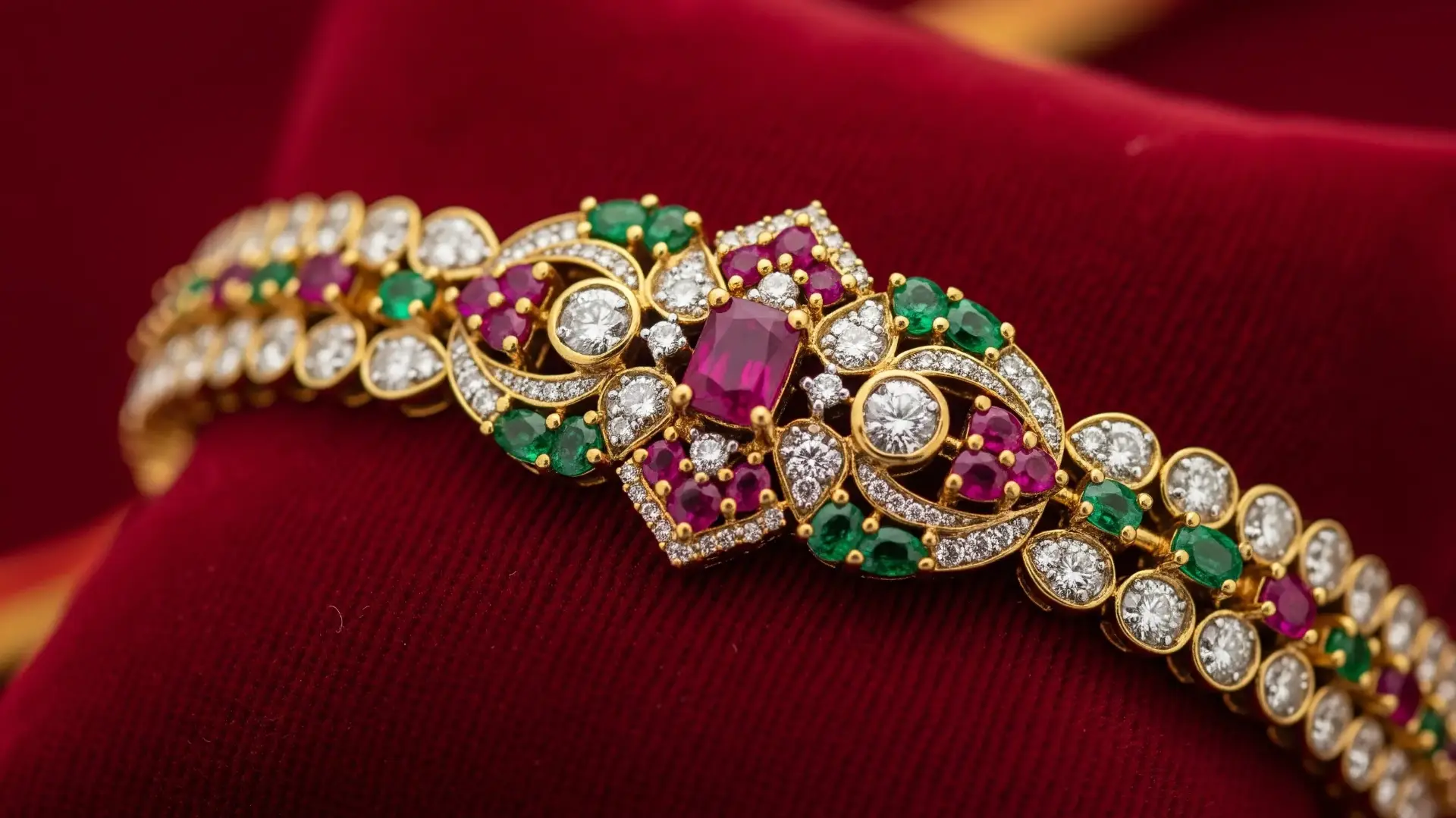 A close-up of a luxurious gold Rakhi bracelet adorned with sparkling diamonds, rubies, and emeralds, showcasing intricate gemstone embellishments for a grand Raksha Bandhan gift.