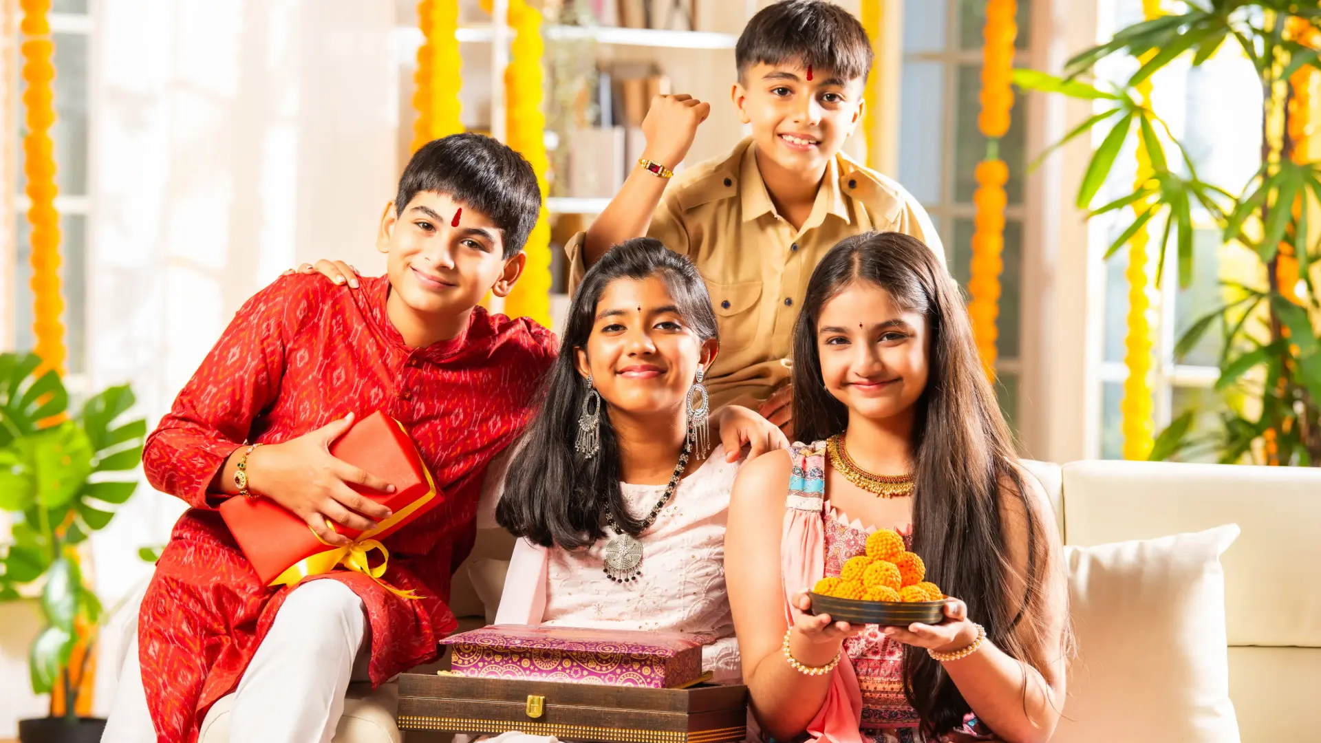 Happy Raksha Bandhan festival greeting card featuring a vibrant purple and gold Rakhi, traditional roli, and chawal, symbolizing the sacred sibling bond and the joy of gifting.