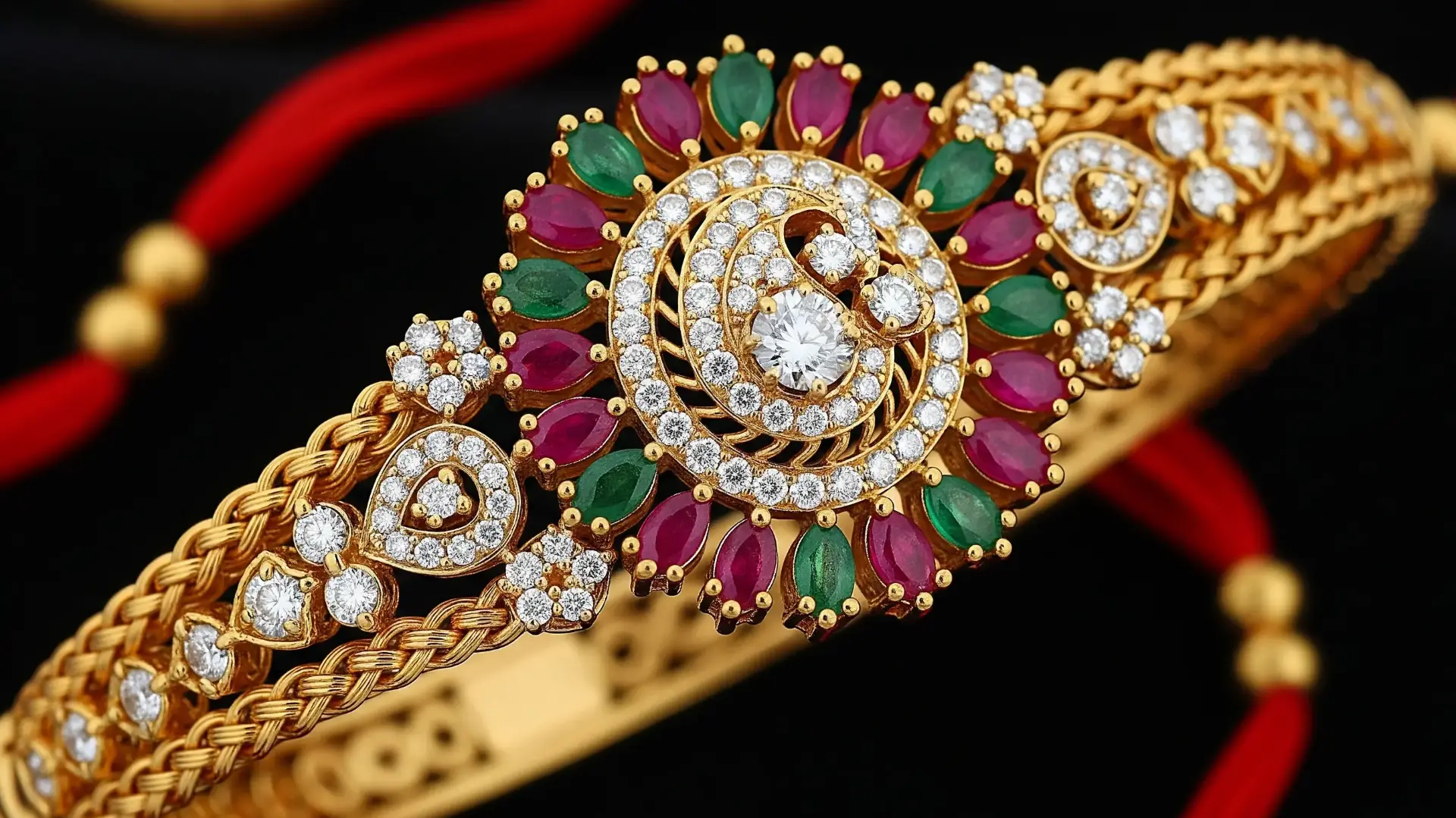 A luxurious gold Rakhi bracelet adorned with sparkling diamonds, rubies, and emeralds, showcasing intricate gemstone embellishments, perfect as a timeless Raksha Bandhan jewellery gift.