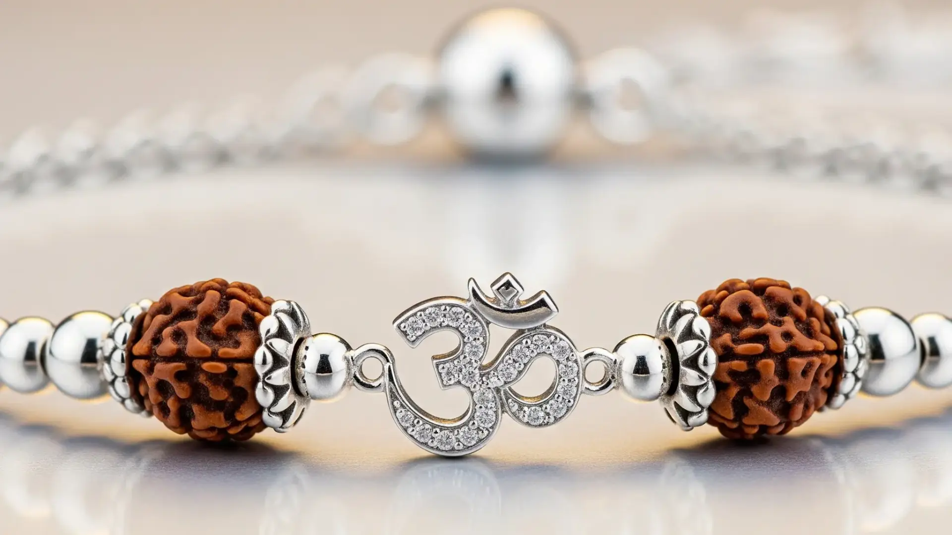 A sleek silver bracelet Rakhi featuring a sparkling Om symbol and traditional Rudraksha beads, ideal as a spiritual yet modern jewellery gift for brothers.