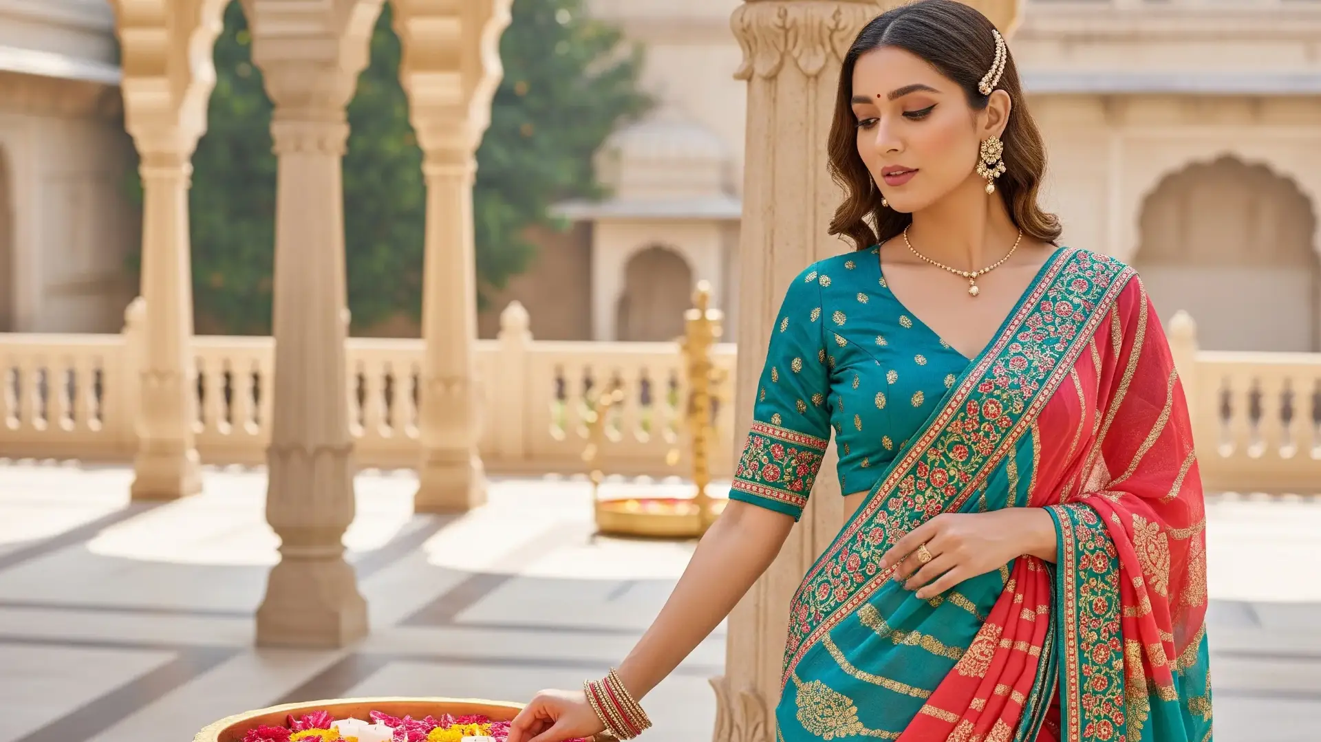 A stylish women's ethnic wear outfit, such as a lightweight festive suit or a fusion saree, perfect for Raksha Bandhan celebrations.