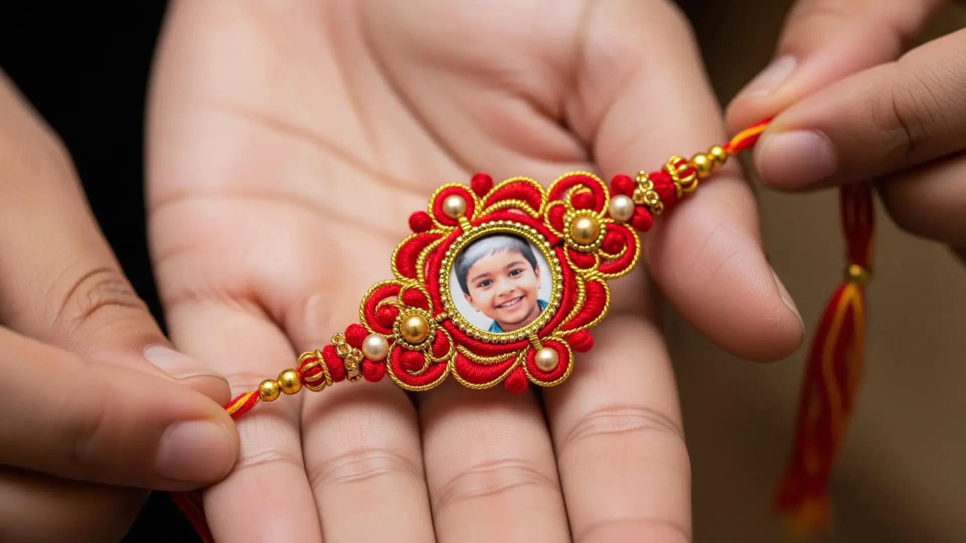 Hands holding a vibrant red and gold personalized Rakhi featuring a small photo frame with a child's smiling face, symbolizing a unique and heartfelt Raksha Bandhan gift.
