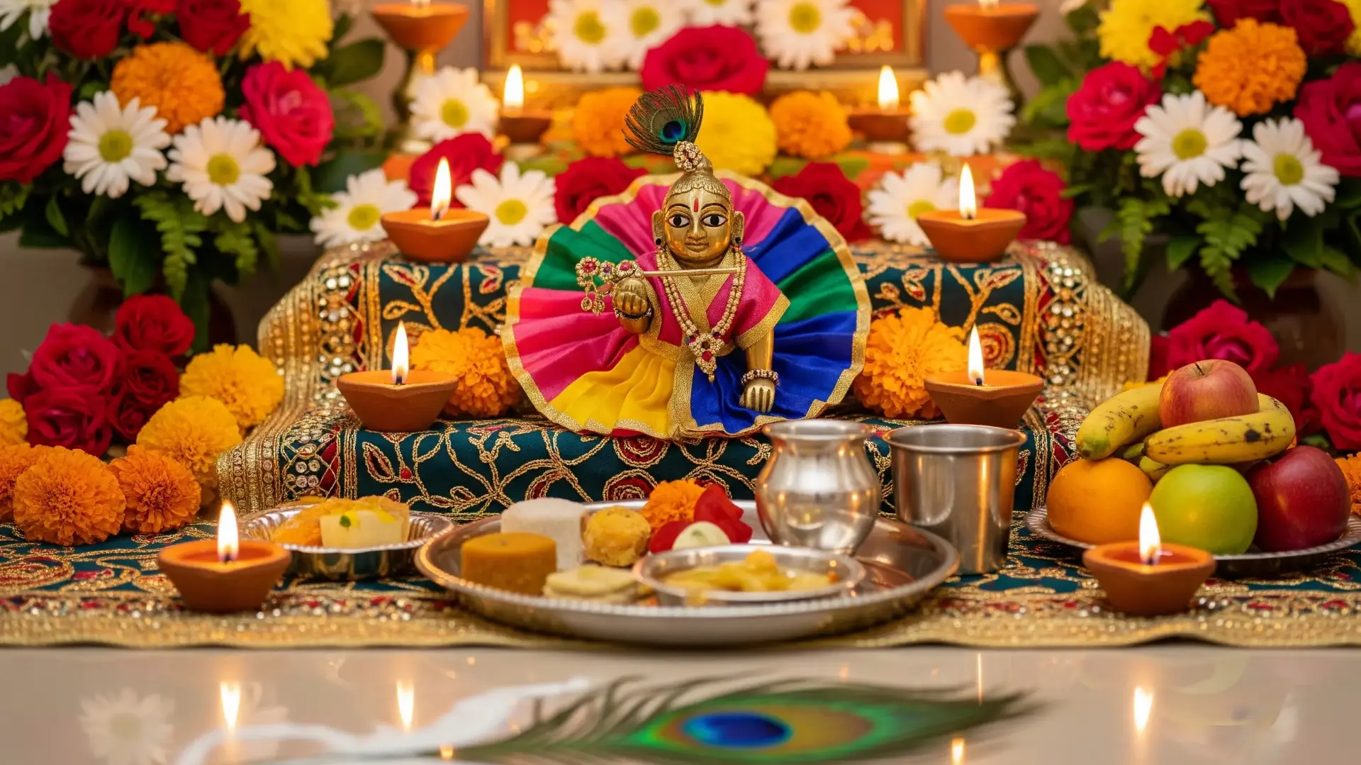 A beautifully decorated home altar for Janmashtami puja, featuring a Lord Krishna idol, fresh flowers, and glowing diyas, ready for sacred rituals.