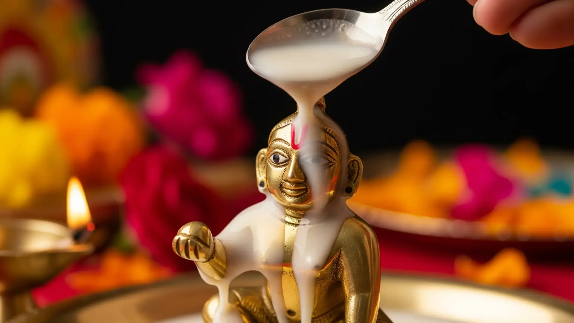 A close-up of a Bal Gopal idol being bathed in Panchamrit during Janmashtami puja, symbolizing purification and devotion.