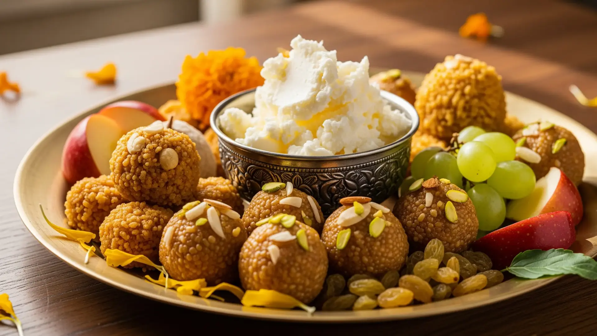 A festive plate of traditional Janmashtami sweets, including fresh makhan, panjiri, and laddoos, offered to Lord Krishna.