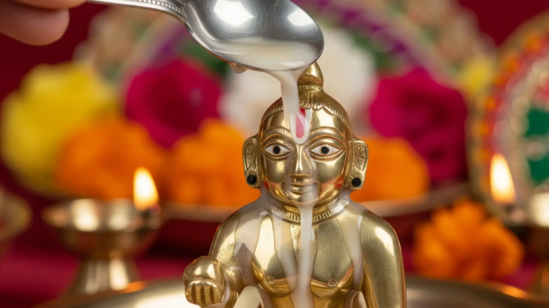 जन्माष्टमी पूजा के दौरान पंचामृत में स्नान कराए जा रहे बाल गोपाल की मूर्ति का क्लोज-अप, जो शुद्धिकरण और भक्ति का प्रतीक है।