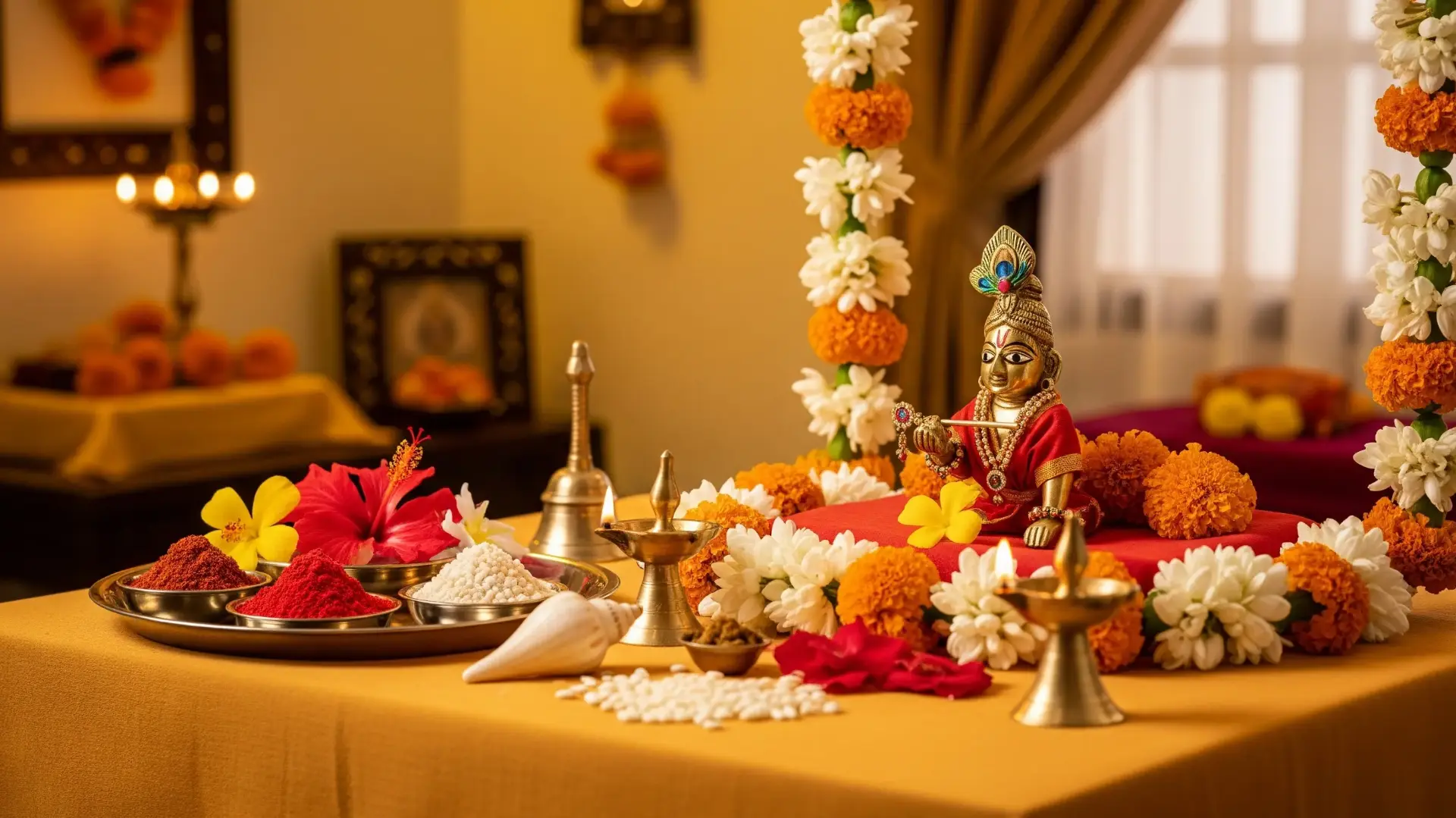 जन्माष्टमी पूजा के लिए एक सुंदर ढंग से सजाई गई घर की वेदी, जिसमें भगवान कृष्ण की मूर्ति, ताजे फूल और चमकते दीये हैं, जो पवित्र अनुष्ठानों के लिए तैयार हैं।