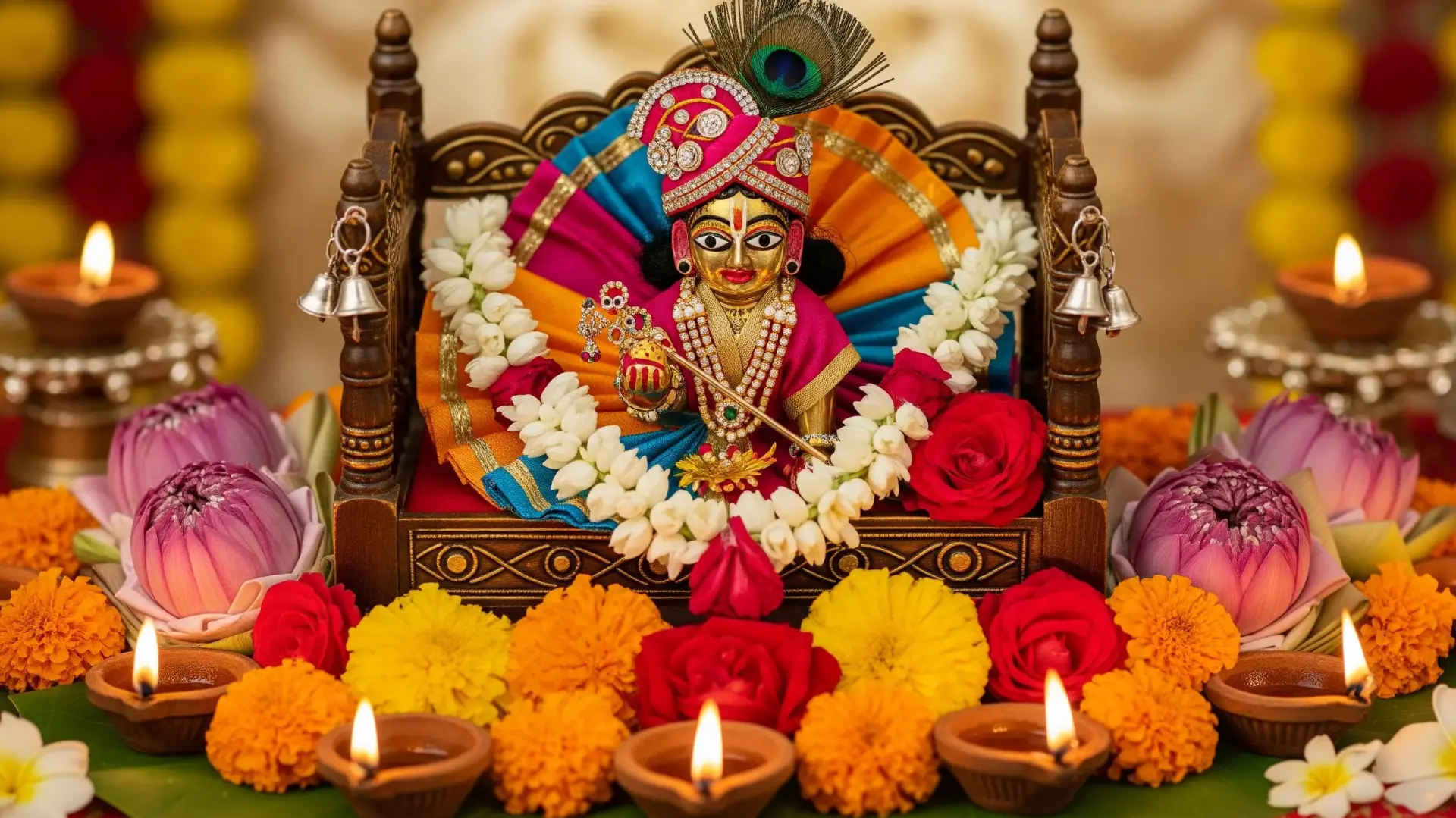 जन्माष्टमी के दिव्य जन्मोत्सव का प्रतीक, फूलों और चमकते दीयों से घिरे पालने में एक सुंदर ढंग से सजी भगवान कृष्ण (बाल गोपाल) की मूर्ति।