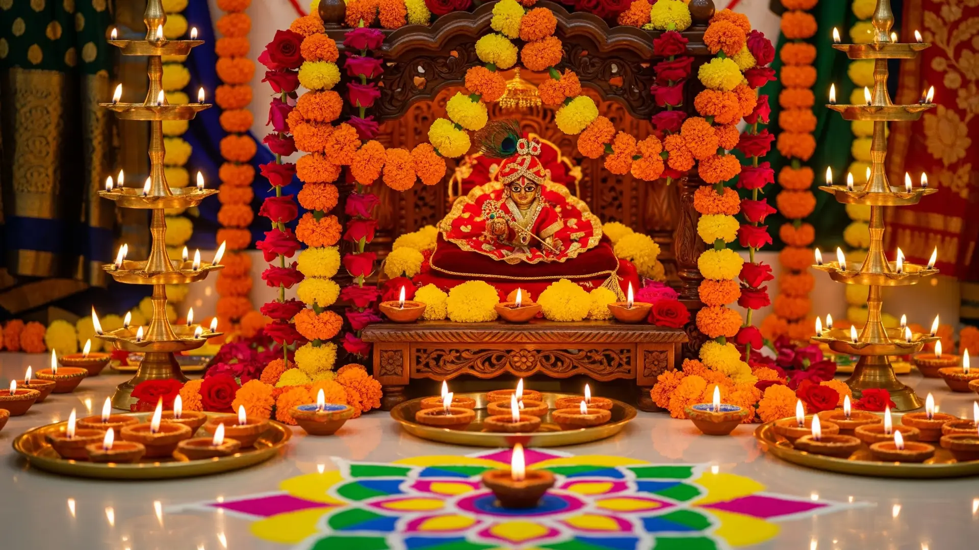 जन्माष्टमी समारोह के लिए जीवंत और खूबसूरती से सजा हुआ घरेलू मंदिर, जिसमें ताजे फूल, मालाएं, दीये और रंगीन रंगोली शामिल हैं।