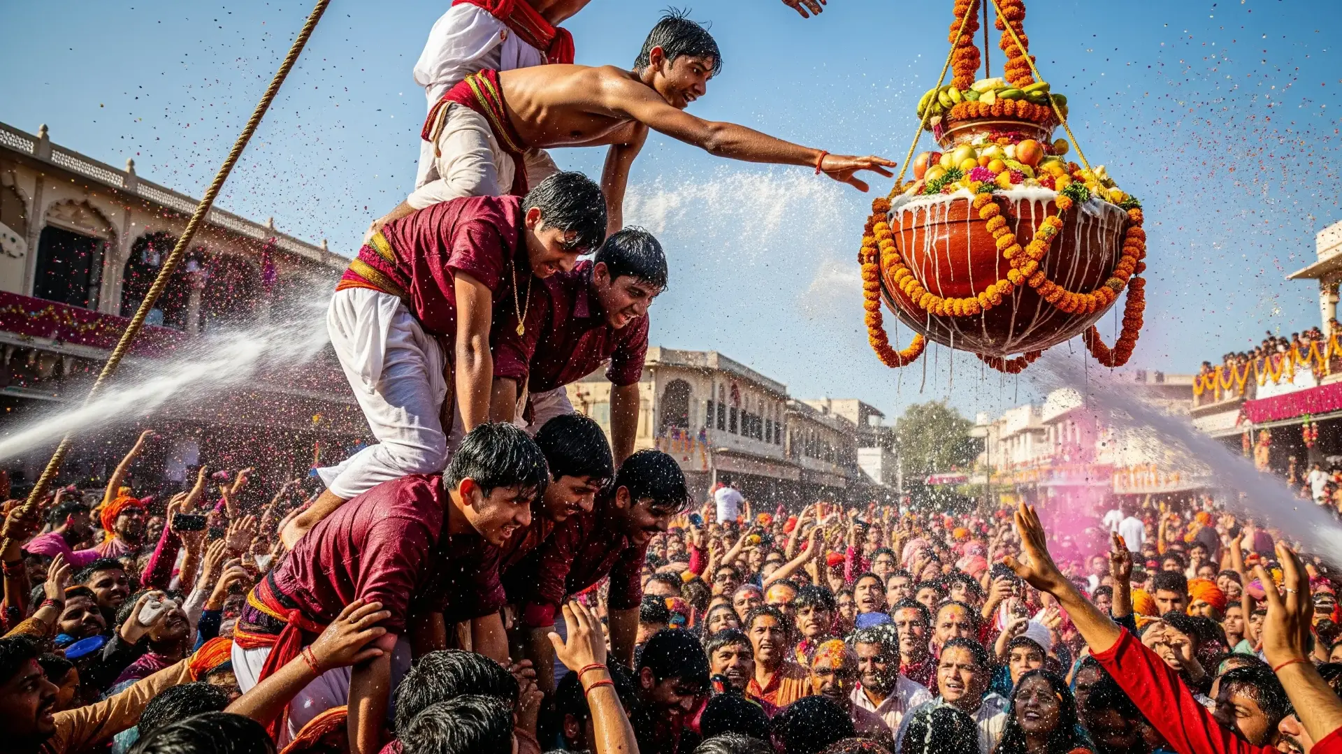 जन्माष्टमी के दौरान भगवान कृष्ण के चंचल बचपन का जश्न मनाते हुए, दही हांडी के बर्तन को तोड़ने के लिए मानव पिरामिड बनाते ऊर्जावान युवा।